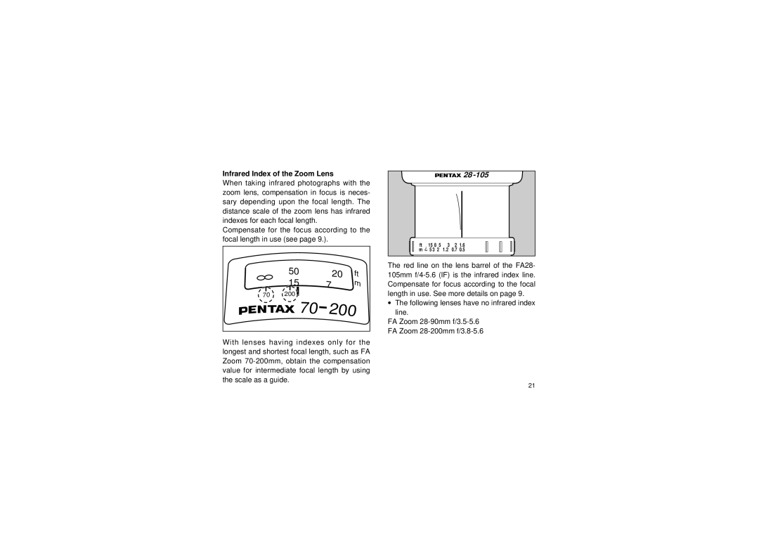 Pentax SMC -FA manual 200, Infrared Index of the Zoom Lens 