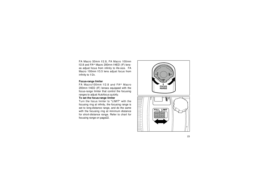 Pentax SMC -FA manual Focus-range limiter, To set the focus-range limiter 