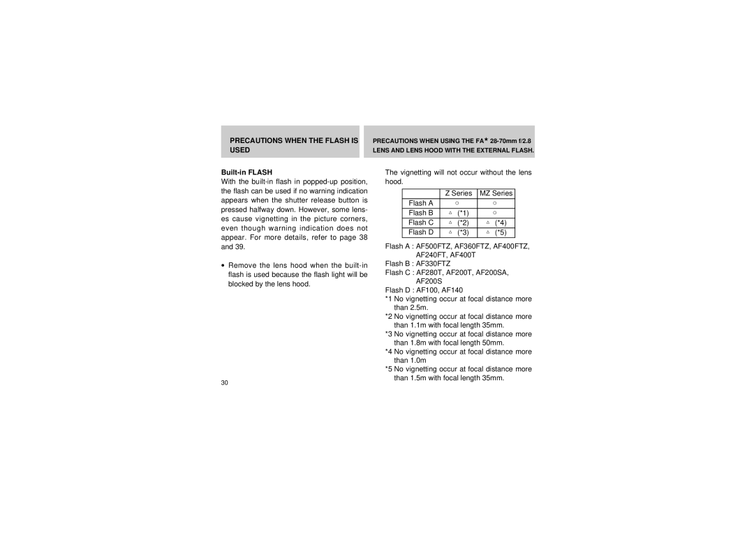 Pentax SMC -FA manual Precautions When the Flash is Used, Built-in Flash 