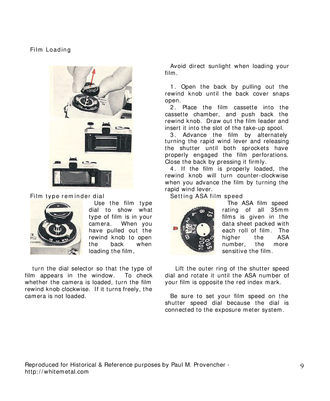 Pentax Spotmatic II manual Film Loading Film type reminder dial, Setting ASA film speed 