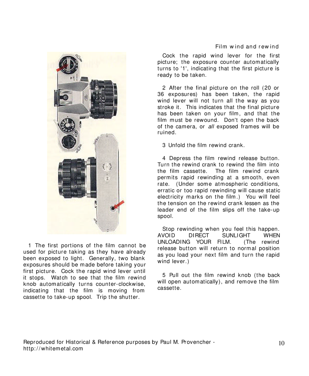 Pentax Spotmatic II manual Film wind and rewind, Avoid Direct Sunlight When 