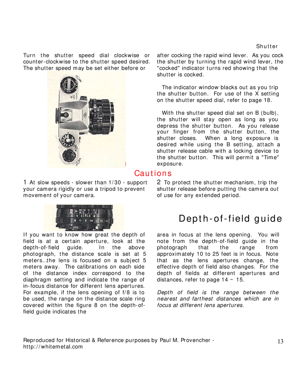 Pentax Spotmatic II manual Depth-of-field guide 