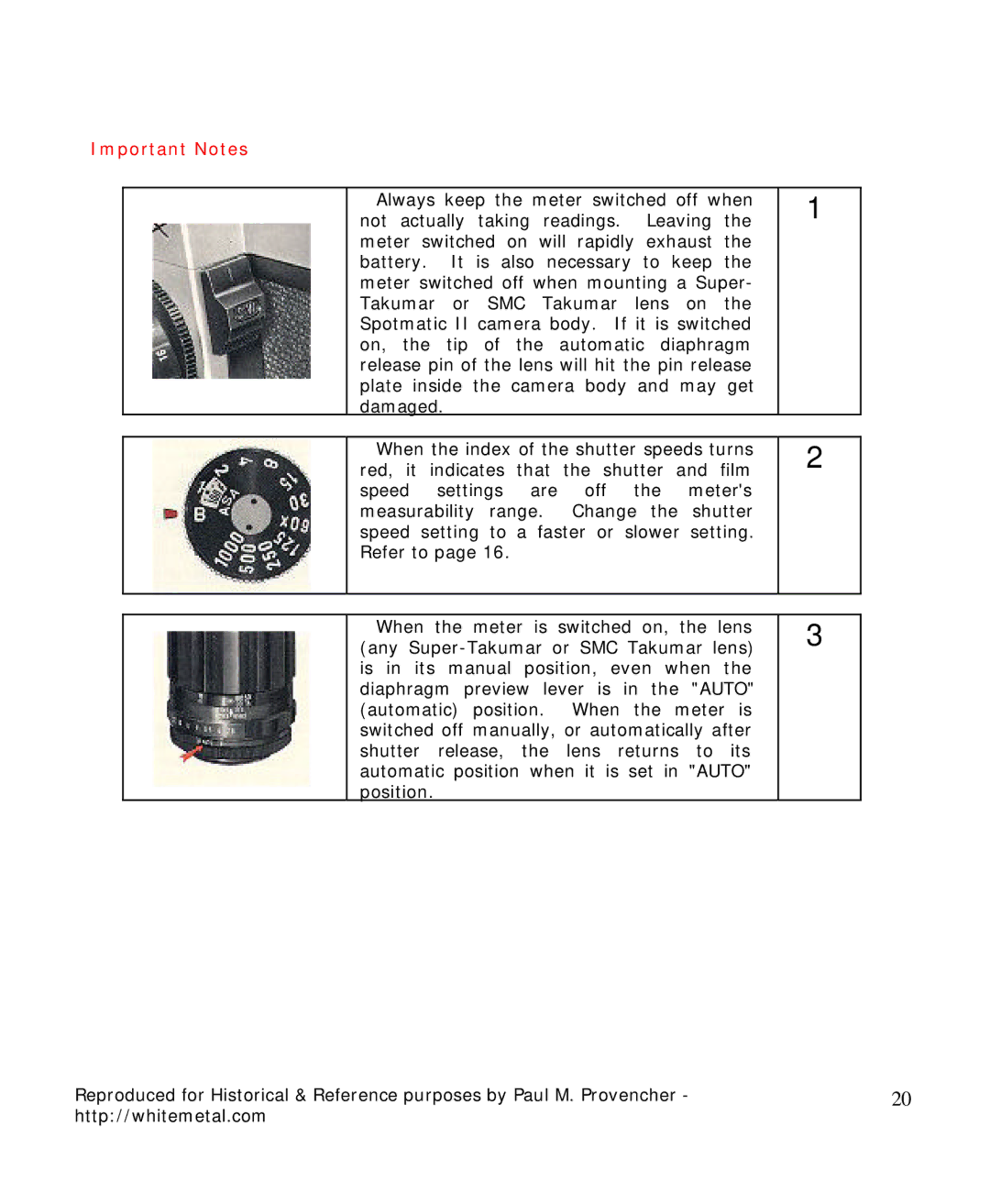 Pentax Spotmatic II manual Important Notes 