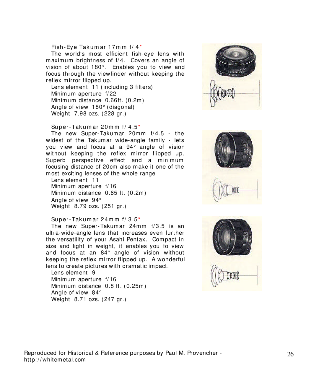 Pentax Spotmatic II manual Fish-Eye Takumar 17mm f/4, Super-Takumar 20mm f/4.5, Super-Takumar 24mm f/3.5 