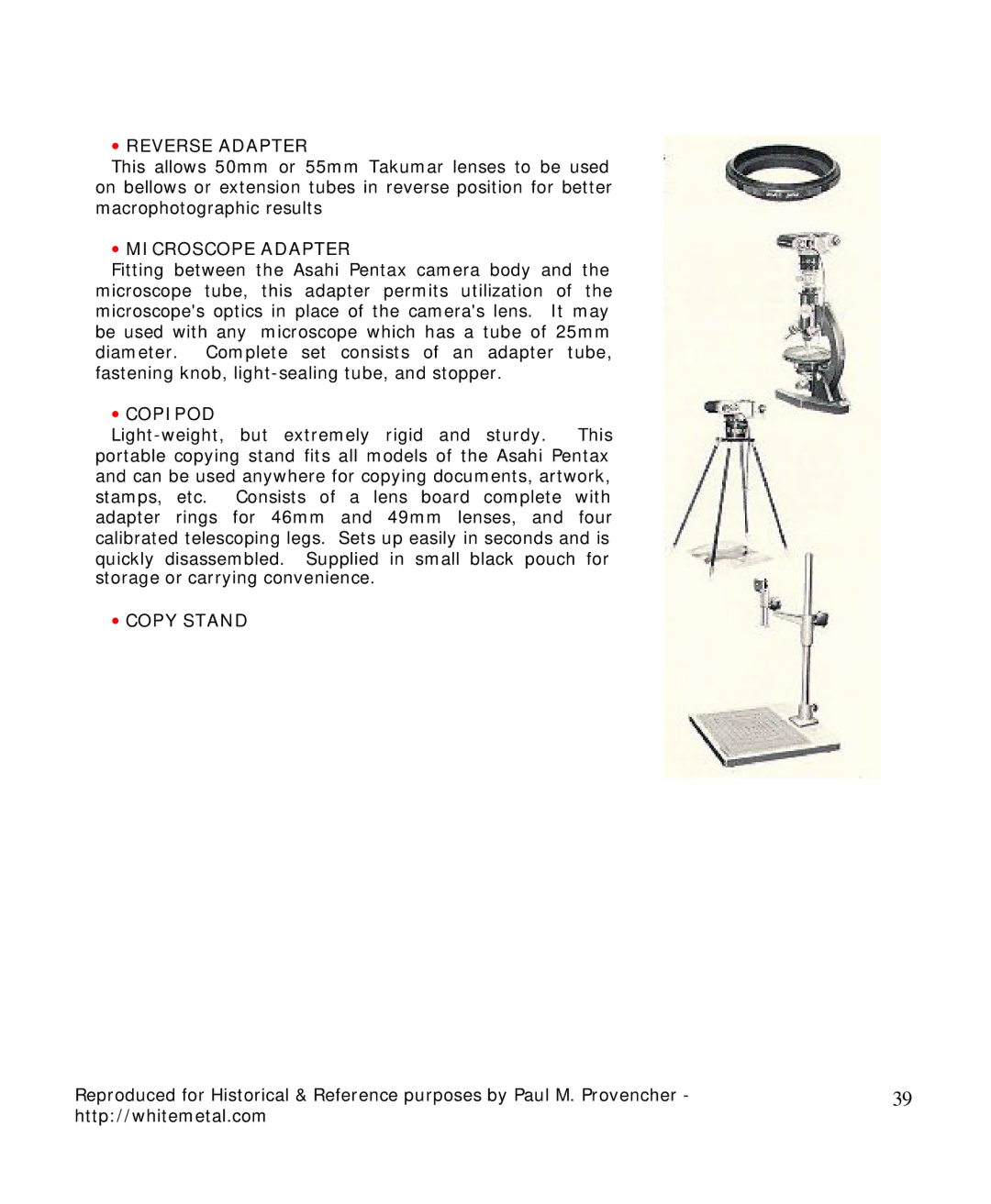 Pentax Spotmatic II manual ∙ Reverse Adapter, ∙ Microscope Adapter, ∙ Copipod, ∙ Copy Stand 