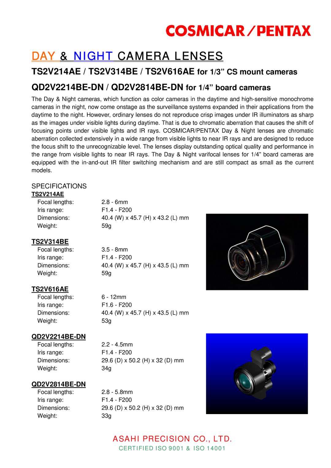 Pentax TS2V214AE specifications DAY & Night Camera Lenses, TS2V314BE, TS2V616AE, QD2V2214BE-DN, QD2V2814BE-DN 