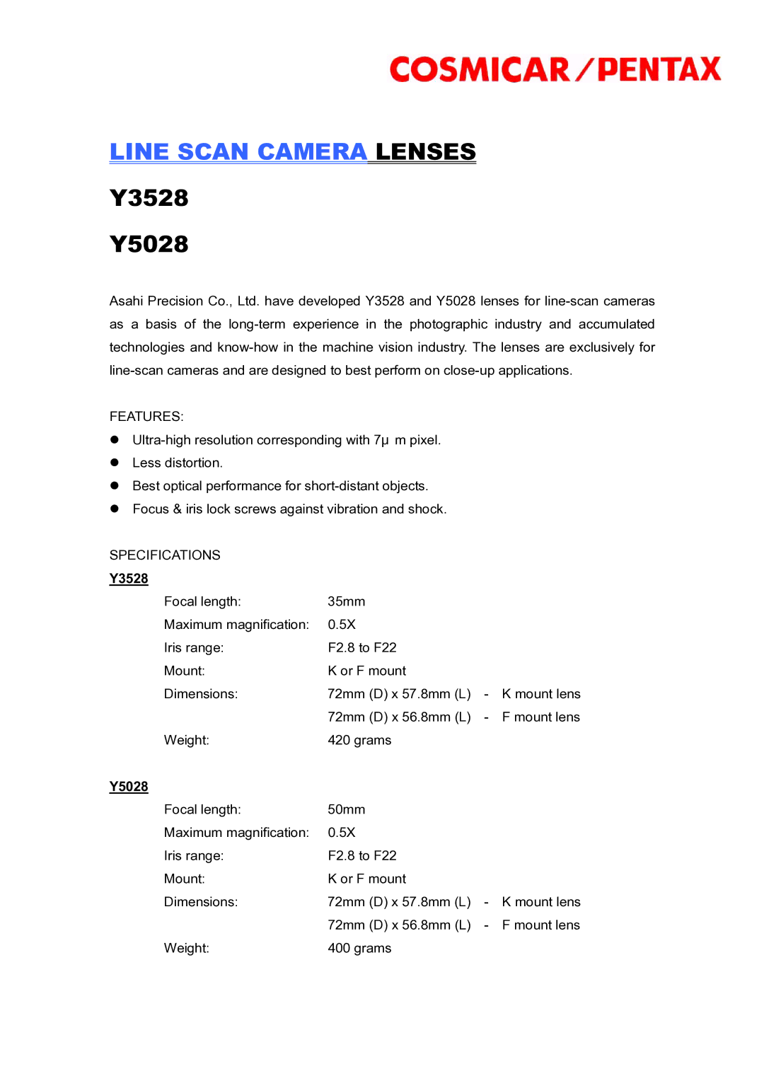 Pentax Y3528 specifications Line Scan Camera Lenses 