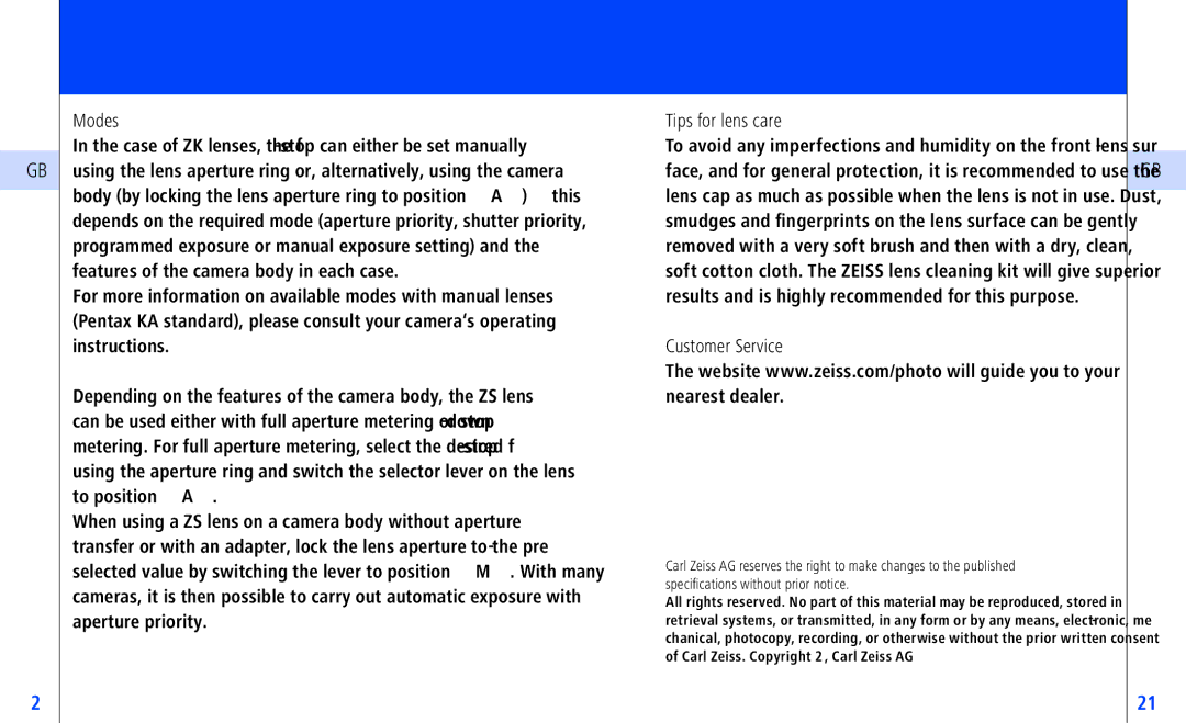 Pentax ZF-, ZK-, ZS, ZS-Mount) instruction manual Modes, Tips for lens care, Customer Service 
