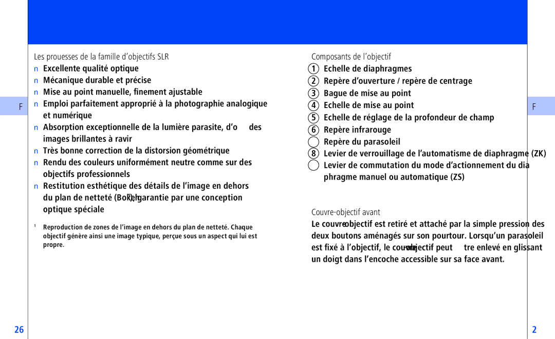 Pentax ZF-, ZK-, ZS Les prouesses de la famille d’objectifs SLR, Phragme manuel ou automatique ZS, Couvre-objectif avant 