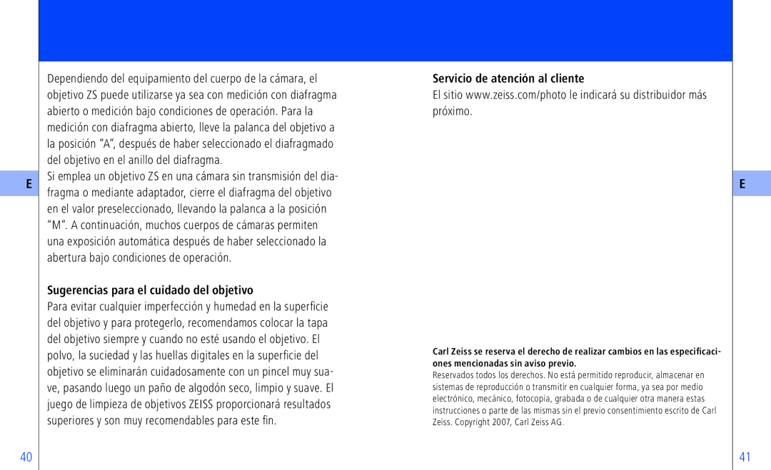 Pentax ZS-Mount), ZF-, ZK-, ZS Sugerencias para el cuidado del objetivo, Servicio de atención al cliente 