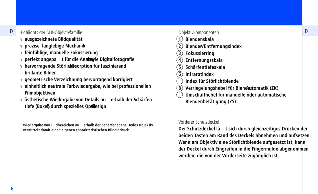 Pentax ZS-Mount), ZF-, ZK-, ZS instruction manual Objektivkomponenten Blendenskala, Vorderer Schutzdeckel 