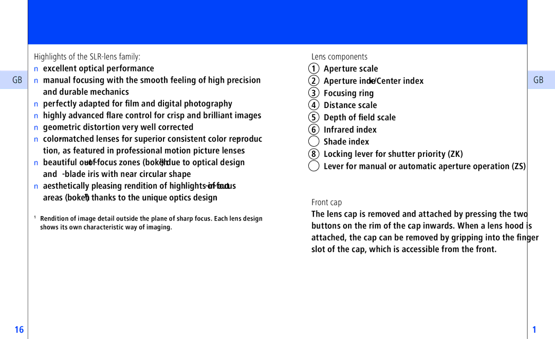 Pentax ZS-Mount), ZF-, ZK-, ZS instruction manual Highlights of the SLR-lens family, Lens components, Front cap 