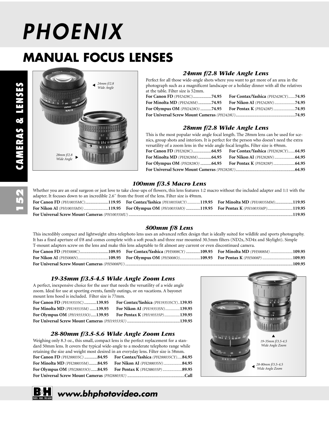 Pentax ZX-M dimensions O E N I, Manual Focus Lenses, 152 