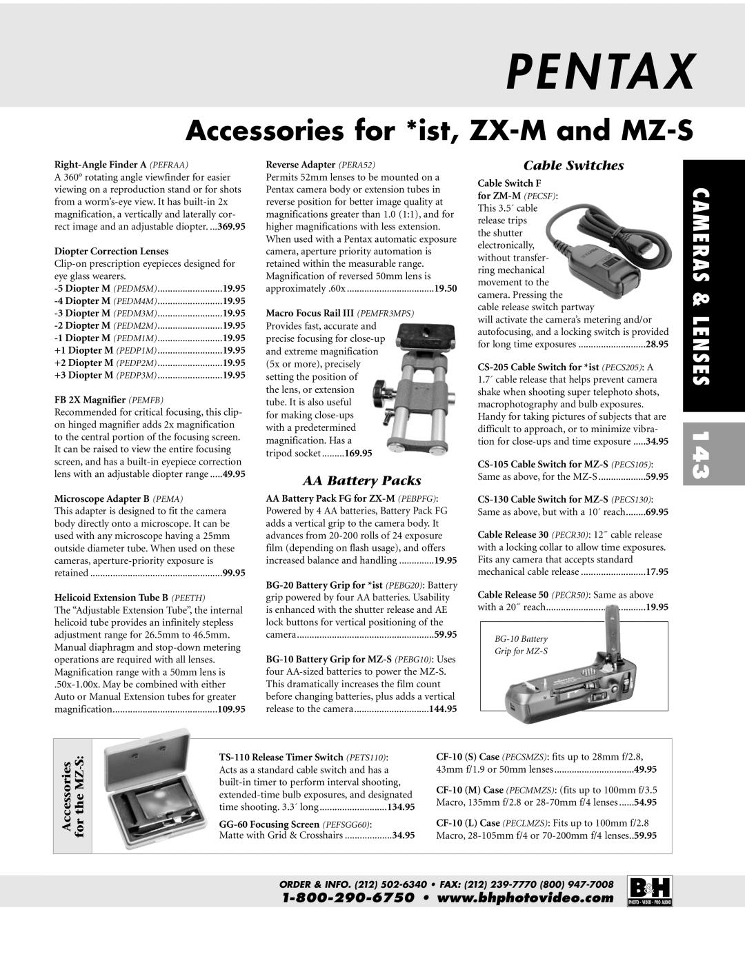 Pentax ZX-M dimensions AA Battery Packs, Cable Switches 