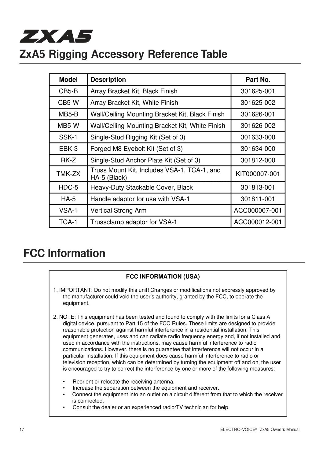 Pentax ZXA5-60, ZXA5-90 owner manual ZxA5 Rigging Accessory Reference Table, FCC Information, Model Description 