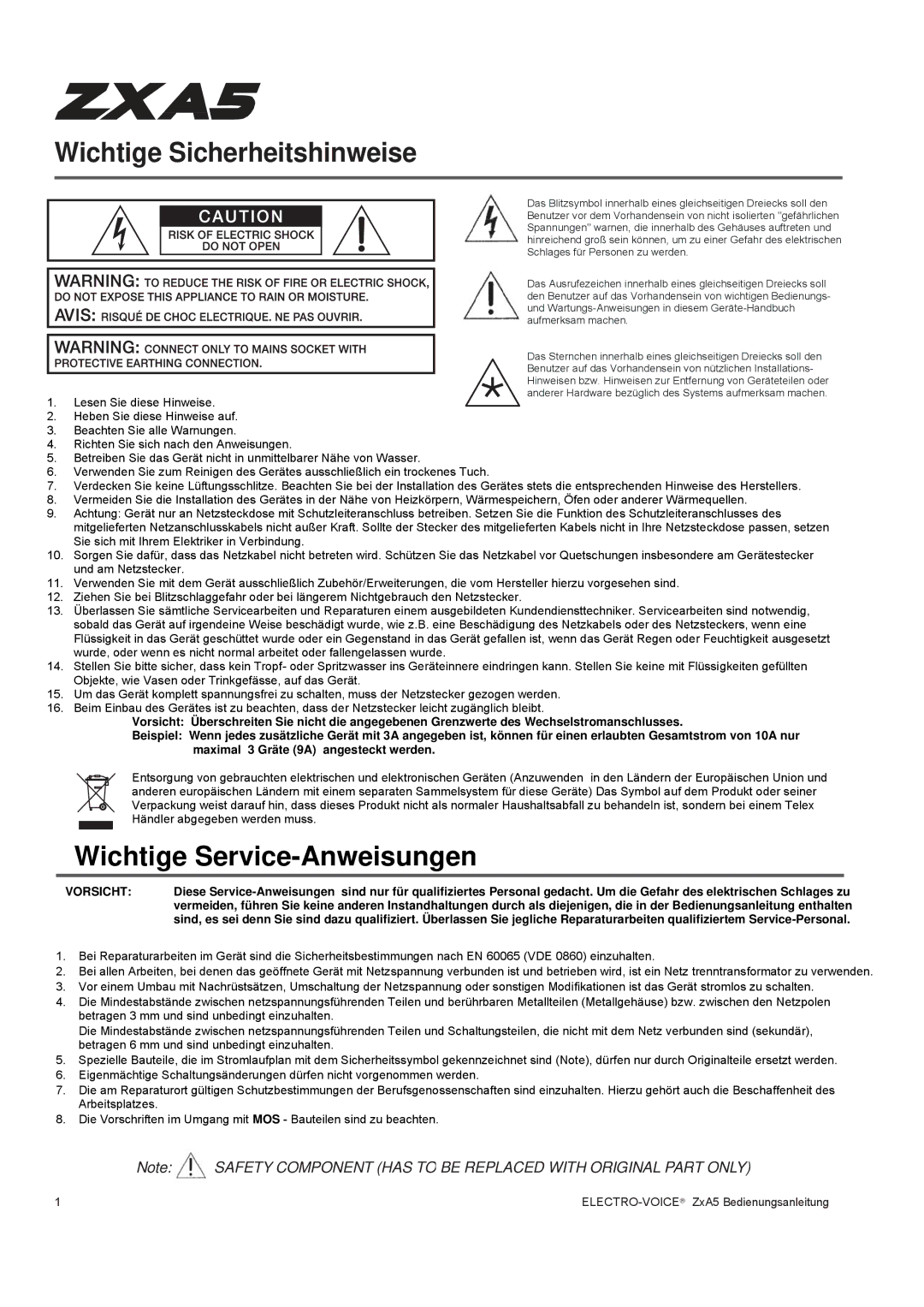 Pentax ZXA5-60, ZXA5-90 owner manual Wichtige Sicherheitshinweise 