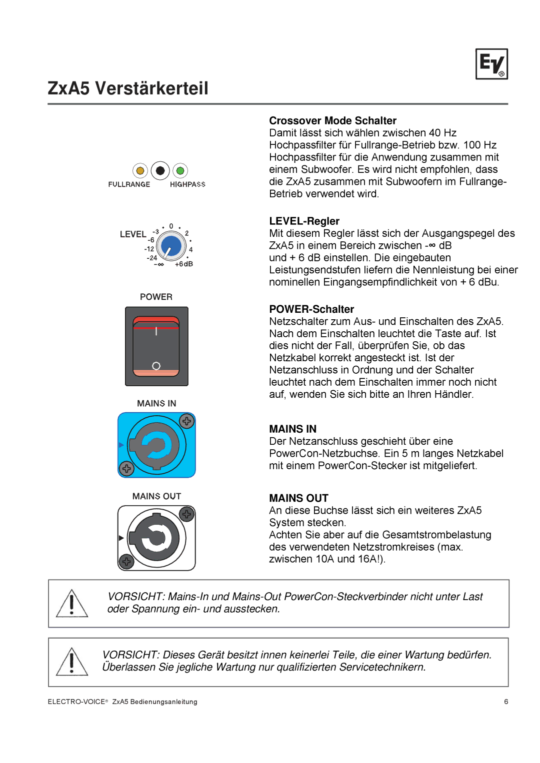 Pentax ZXA5-90, ZXA5-60 owner manual Crossover Mode Schalter, LEVEL-Regler, POWER-Schalter 