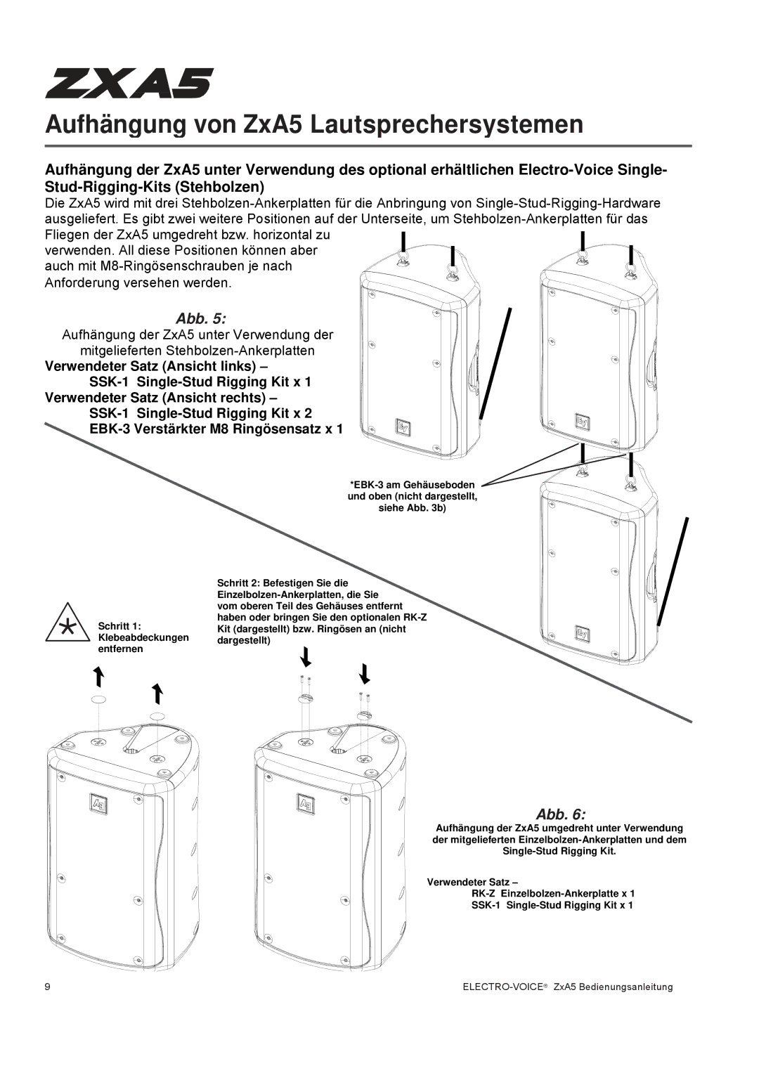 Pentax ZXA5-60, ZXA5-90 owner manual Aufhängung von ZxA5 Lautsprechersystemen 