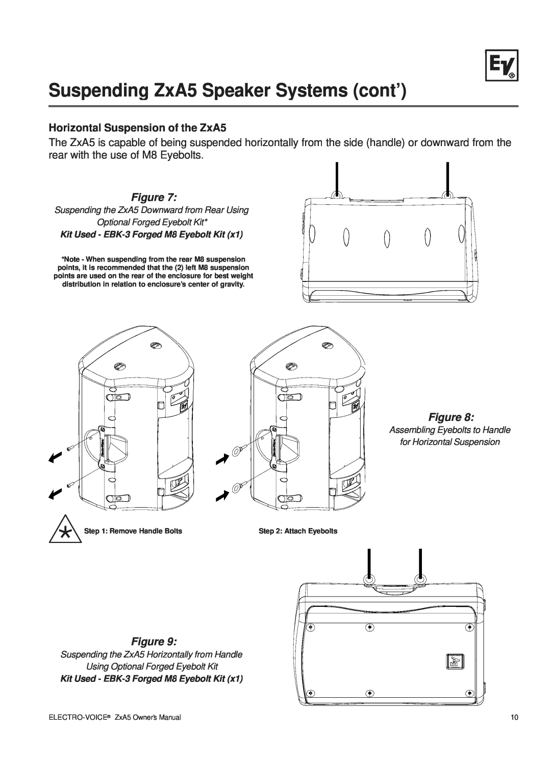 Pentax ZXA5-90 Horizontal Suspension of the ZxA5, Suspending ZxA5 Speaker Systems cont’, Optional Forged Eyebolt Kit 