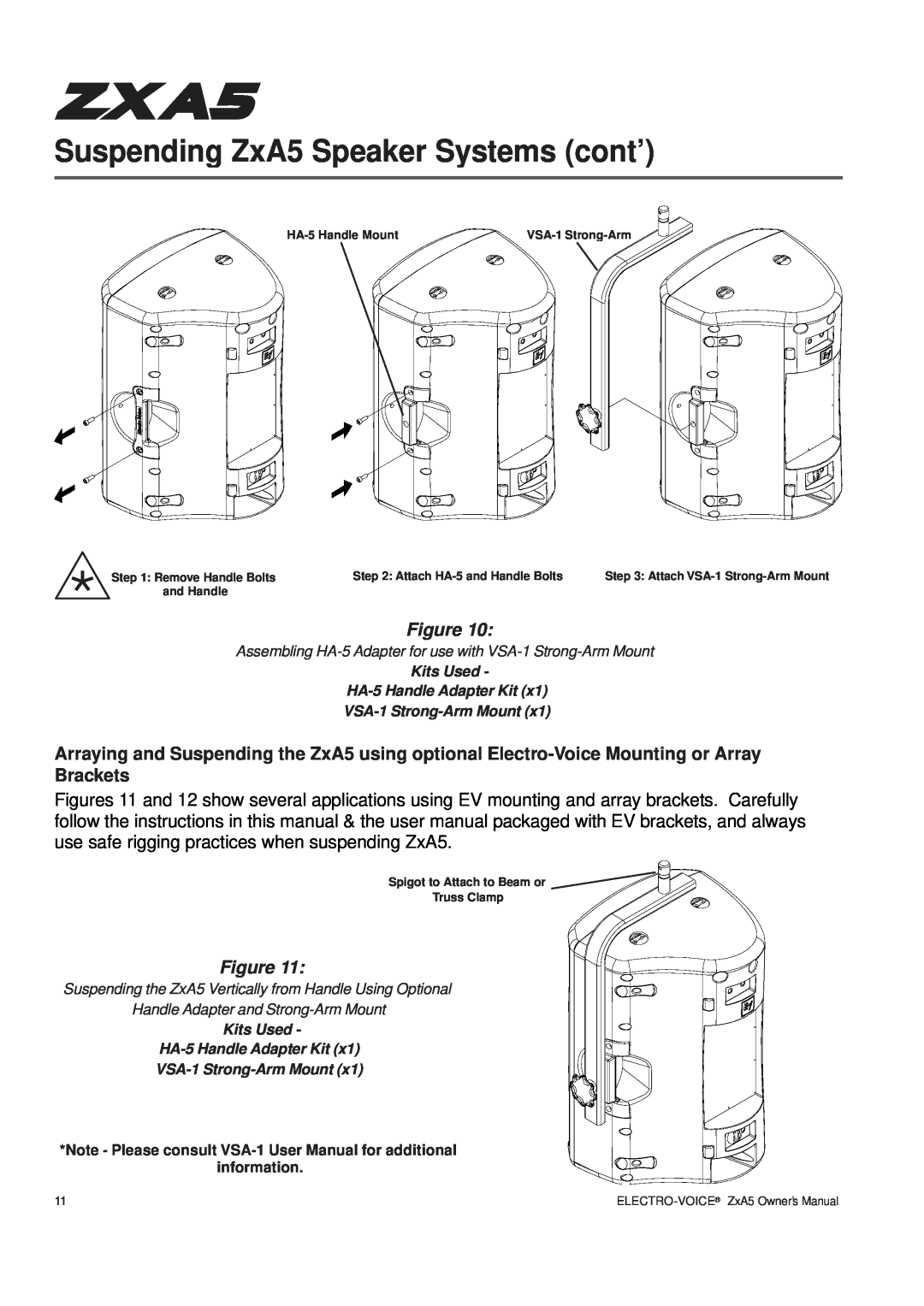 Pentax ZXA5-60, ZXA5-90 Suspending ZxA5 Speaker Systems cont’, Kits Used HA-5Handle Adapter Kit, VSA-1 Strong-ArmMount 
