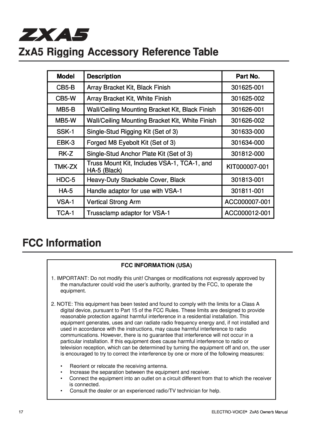 Pentax ZXA5-60, ZXA5-90 owner manual ZxA5 Rigging Accessory Reference Table, FCC Information, Model, Description 