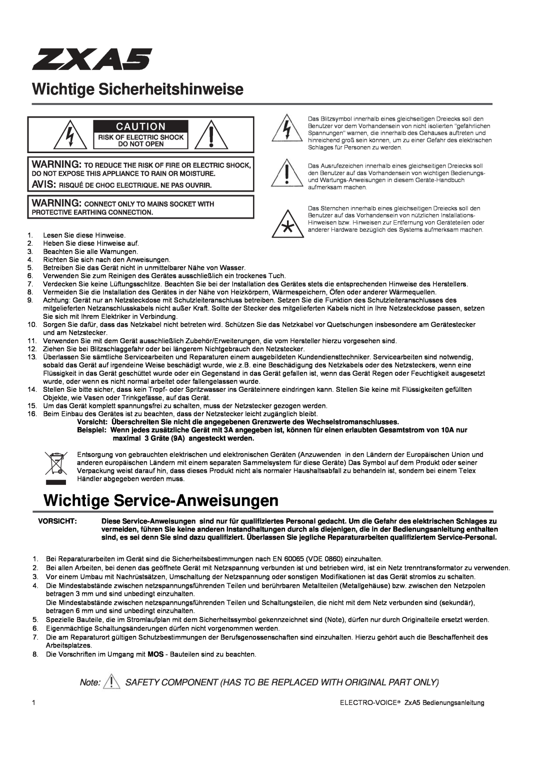 Pentax ZXA5-60, ZXA5-90 owner manual Wichtige Sicherheitshinweise, Wichtige Service-Anweisungen 