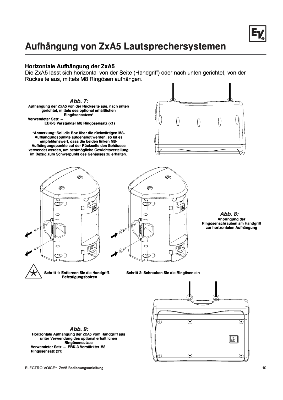 Pentax ZXA5-90, ZXA5-60 owner manual Horizontale Aufhängung der ZxA5, Aufhängung von ZxA5 Lautsprechersystemen, Abb 