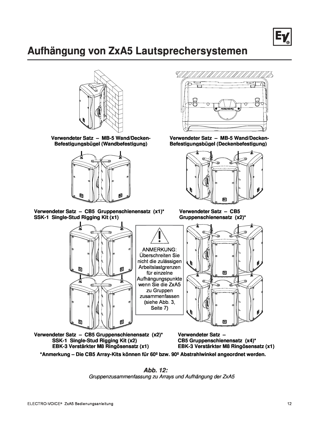 Pentax ZXA5-90, ZXA5-60 owner manual Aufhängung von ZxA5 Lautsprechersystemen, Abb, Befestigungsbügel Deckenbefestigung 