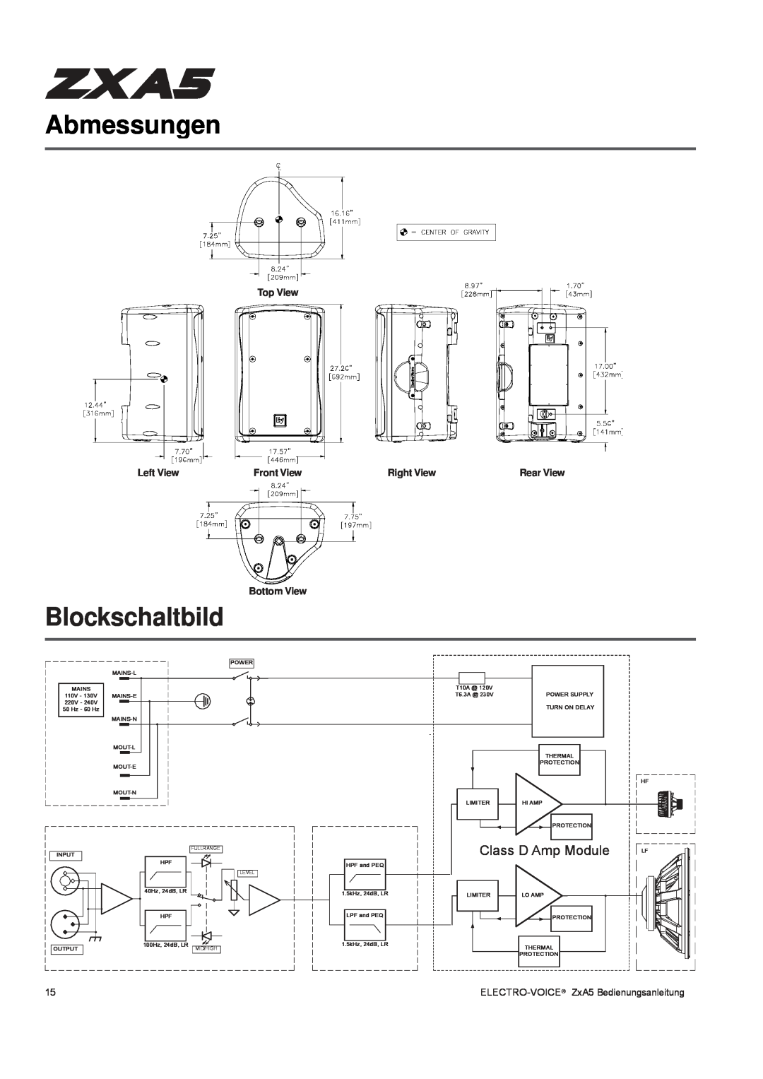 Pentax ZXA5-60 Abmessungen, Blockschaltbild, Class D Amp Module, Top View, Left View, Front View, Right View, Bottom View 