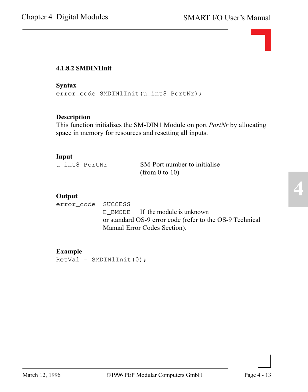 Pepper Computer RS232, RS485 user manual SMDIN1Init Syntax, Description 