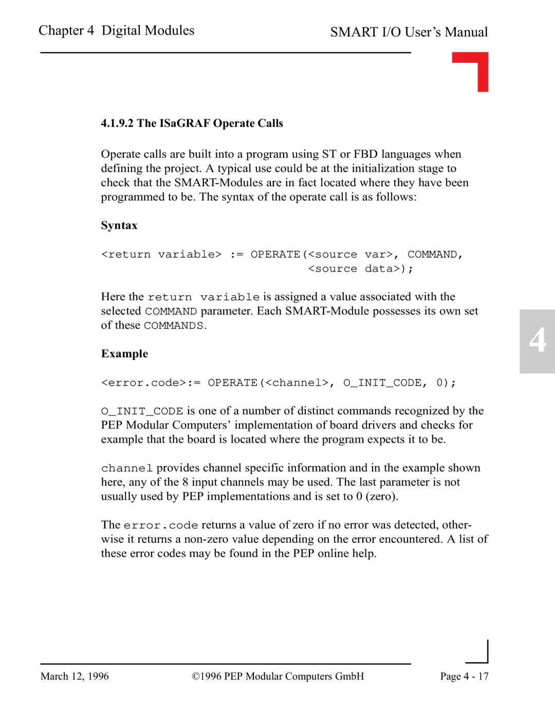 Pepper Computer RS232, RS485 user manual ISaGRAF Operate Calls 