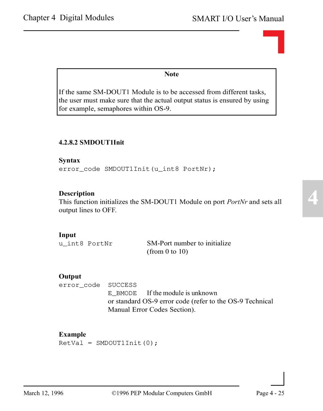 Pepper Computer RS232, RS485 user manual SMDOUT1Init Syntax, Description 