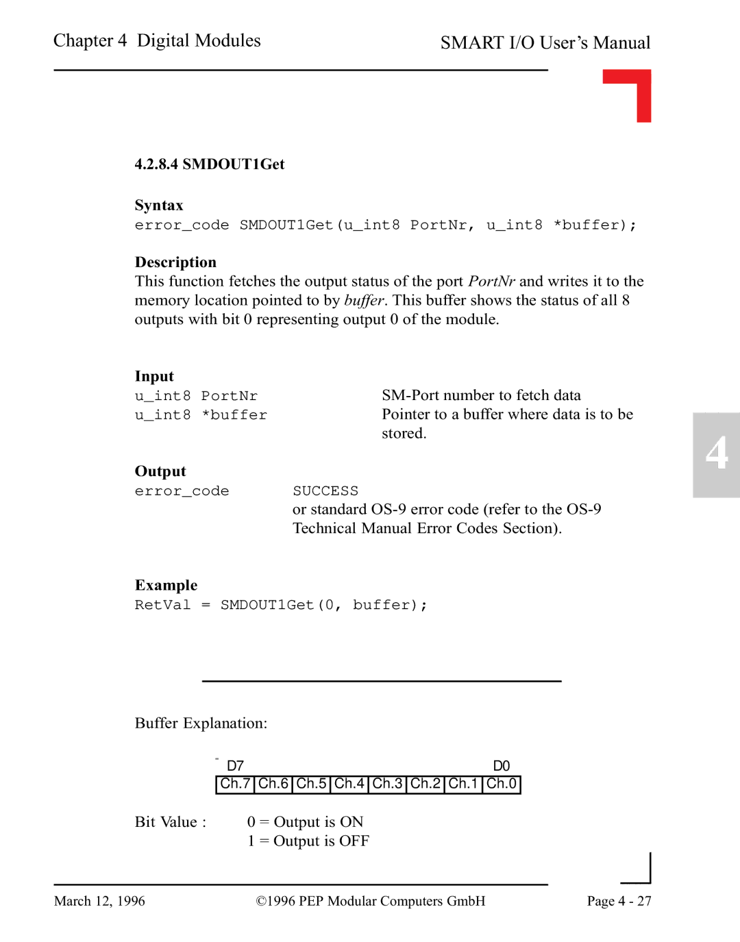 Pepper Computer RS232, RS485 user manual SMDOUT1Get Syntax 