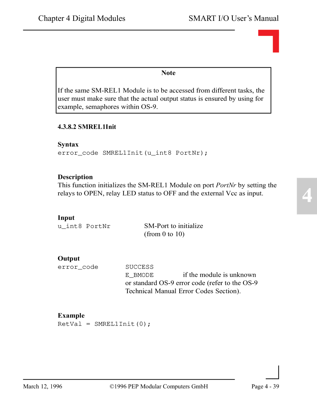 Pepper Computer RS232, RS485 user manual SMREL1Init Syntax, Description 