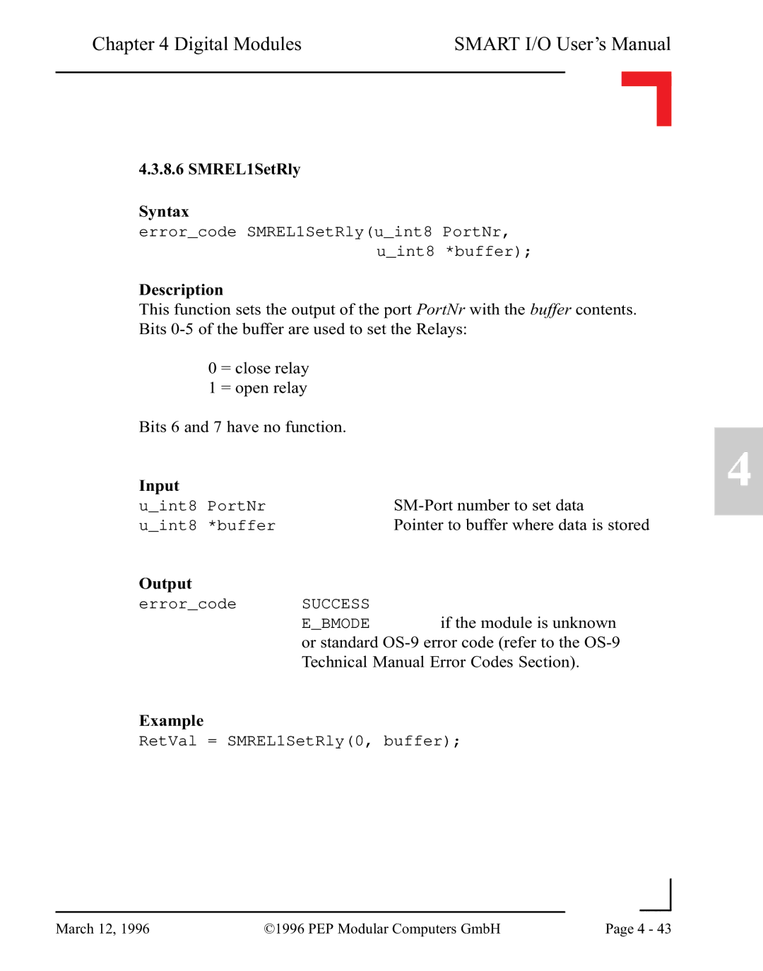 Pepper Computer RS232, RS485 user manual SMREL1SetRly Syntax 