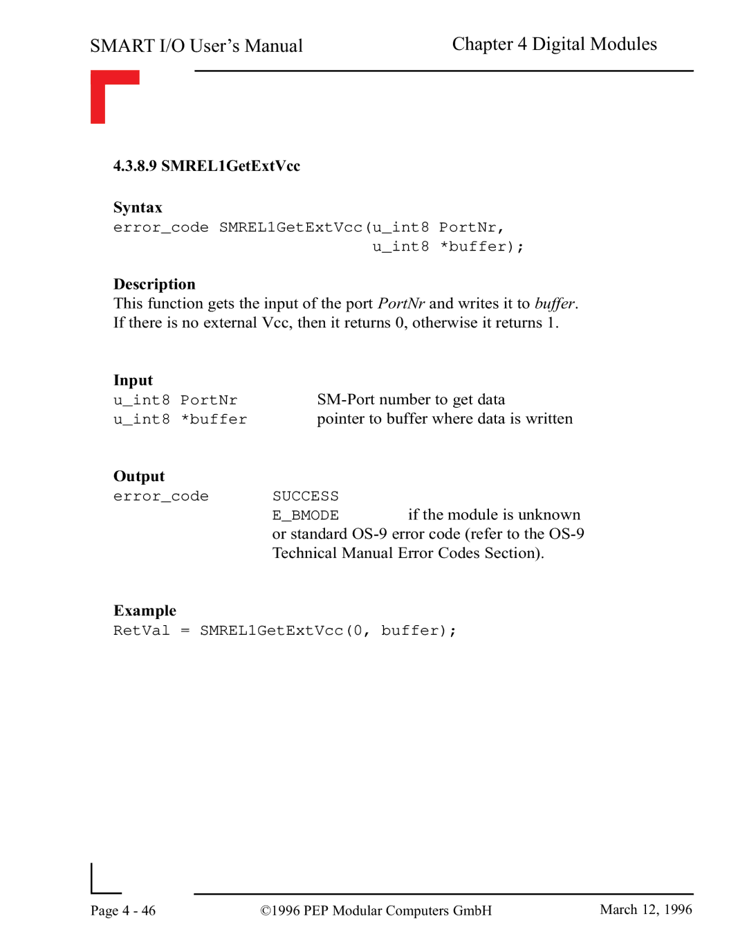 Pepper Computer RS485, RS232 user manual SMREL1GetExtVcc Syntax 