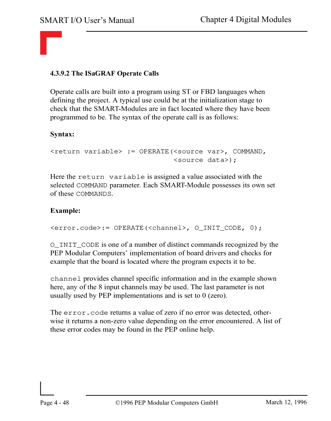 Pepper Computer RS485, RS232 user manual ISaGRAF Operate Calls 