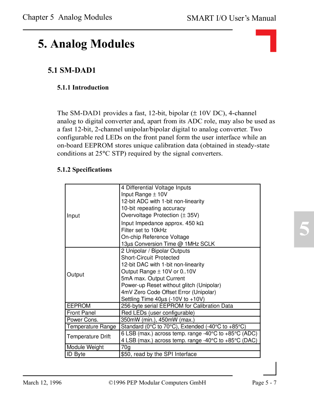 Pepper Computer RS232, RS485 user manual Analog Modules, SM-DAD1 