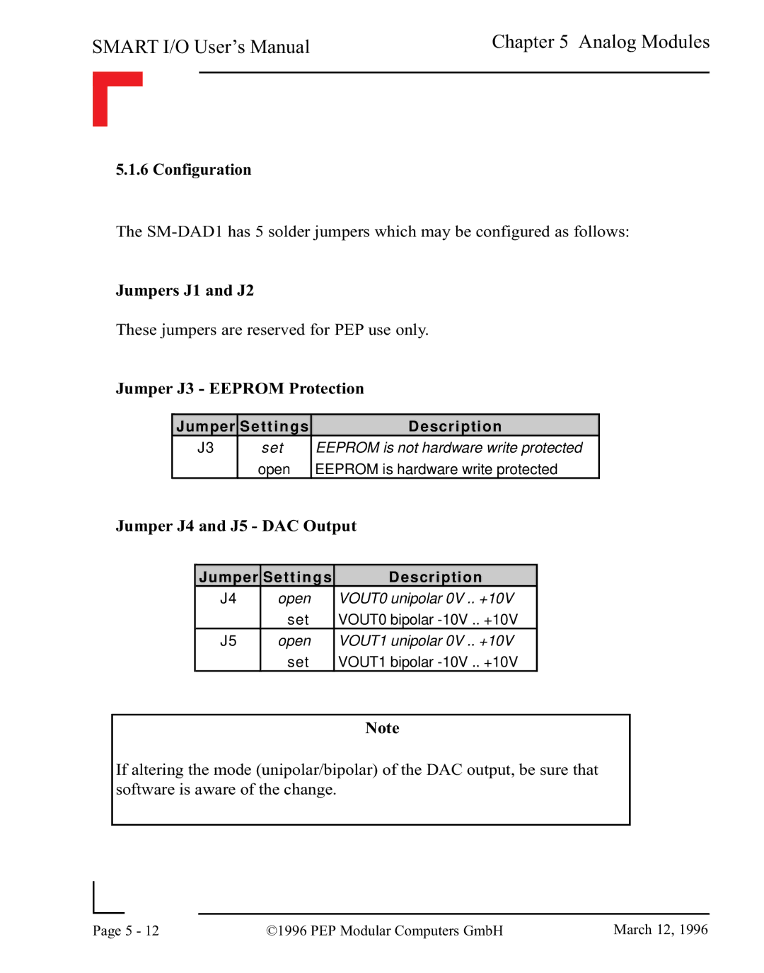 Pepper Computer RS485, RS232 user manual Jumpers J1 and J2, Jumper J3 Eeprom Protection, Jumper J4 and J5 DAC Output 