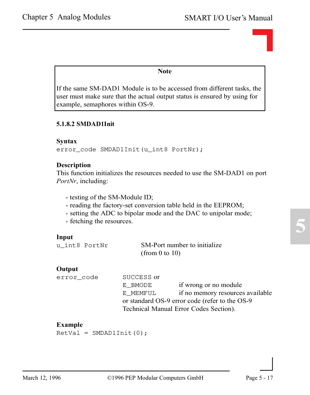 Pepper Computer RS232, RS485 user manual SMDAD1Init Syntax, Description 