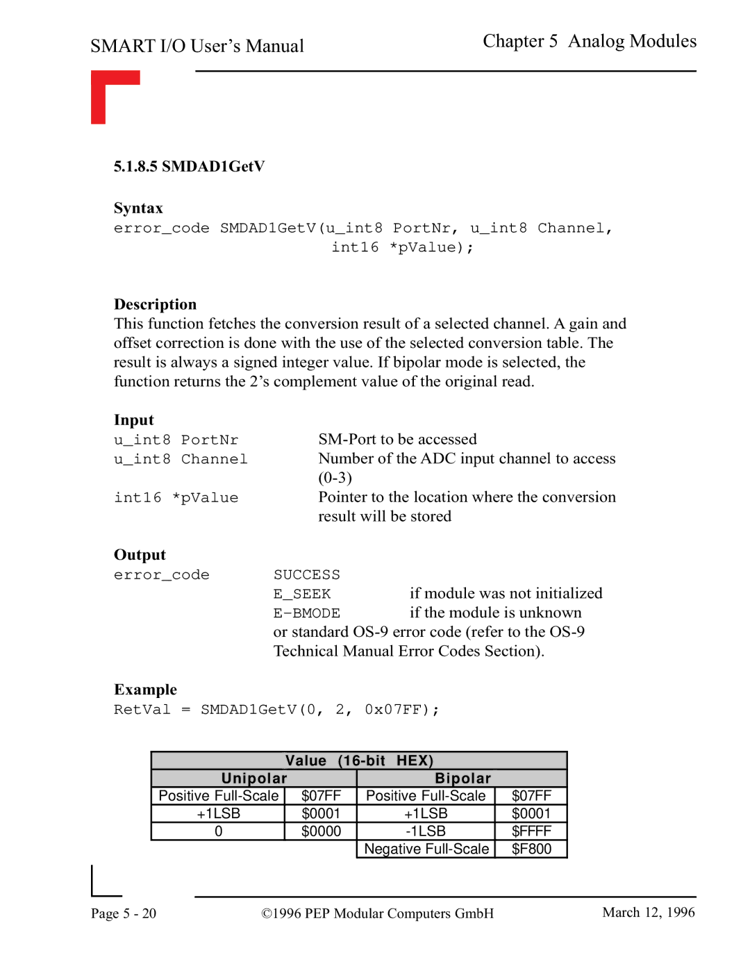 Pepper Computer RS485, RS232 user manual SMDAD1GetV Syntax, RetVal = SMDAD1GetV0, 2, 0x07FF 