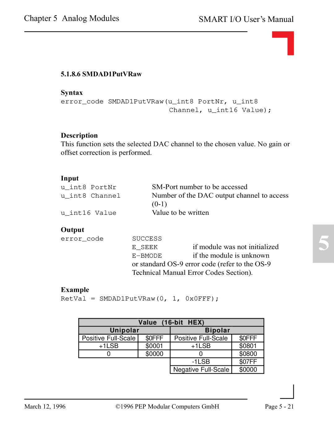 Pepper Computer RS232, RS485 user manual SMDAD1PutVRaw Syntax, RetVal = SMDAD1PutVRaw0, 1, 0x0FFF 