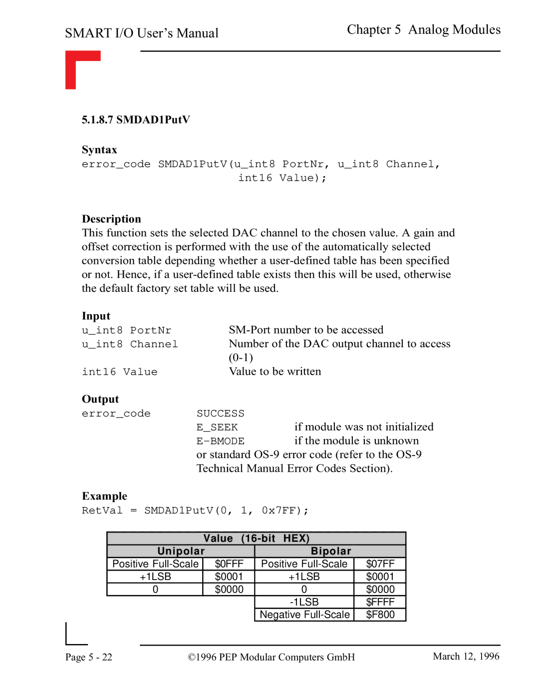 Pepper Computer RS485, RS232 user manual SMDAD1PutV Syntax, RetVal = SMDAD1PutV0, 1, 0x7FF 