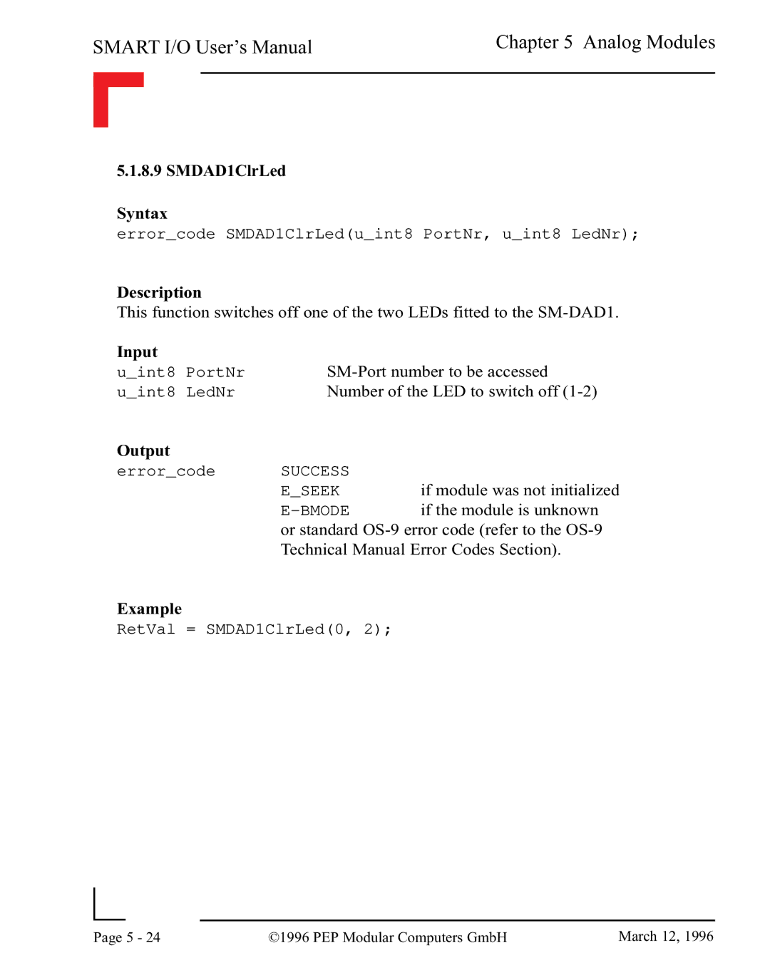 Pepper Computer RS485, RS232 user manual SMDAD1ClrLed Syntax 