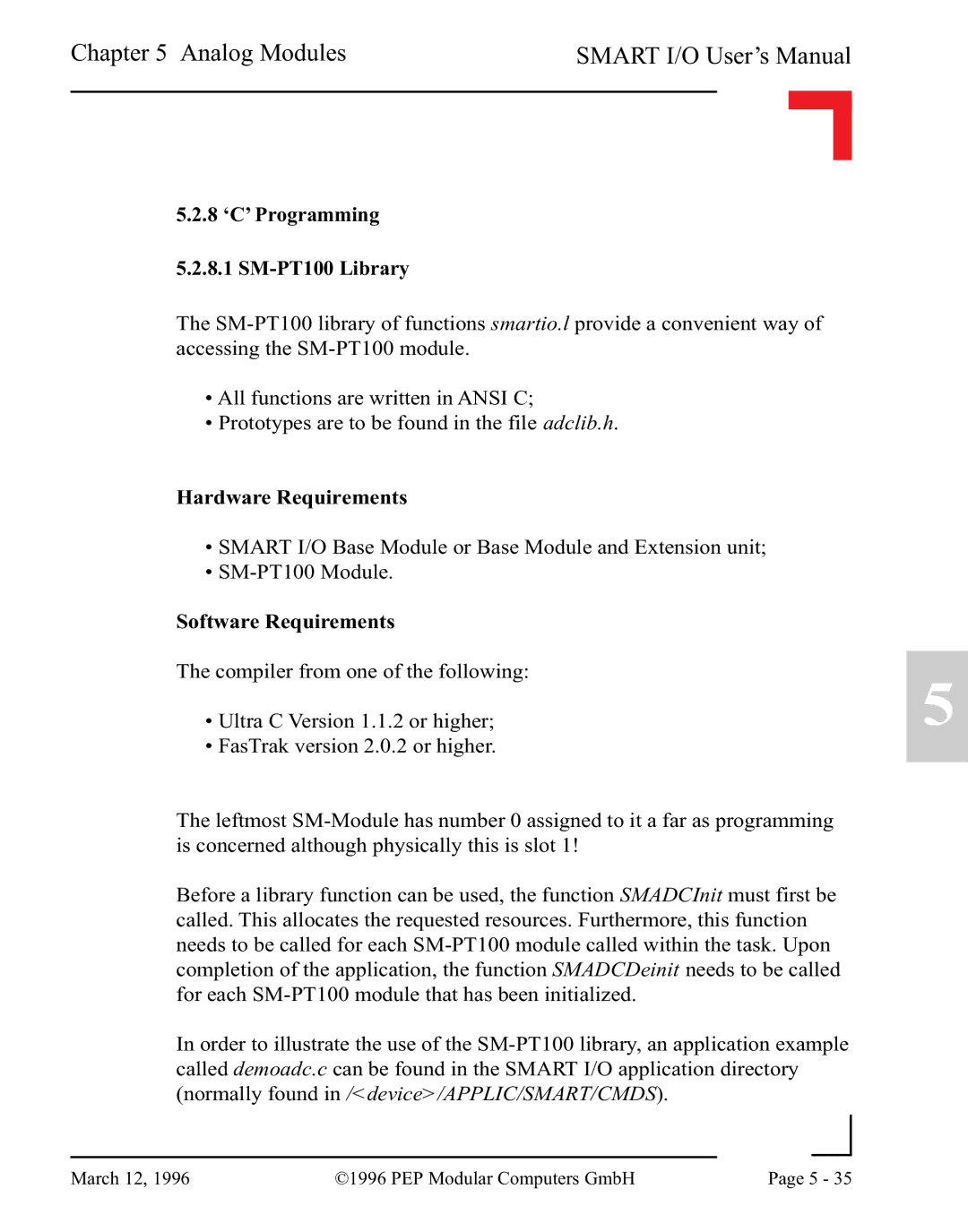 Pepper Computer RS232, RS485 user manual 8 ‘C’ Programming 5.2.8.1 SM-PT100 Library, Hardware Requirements 