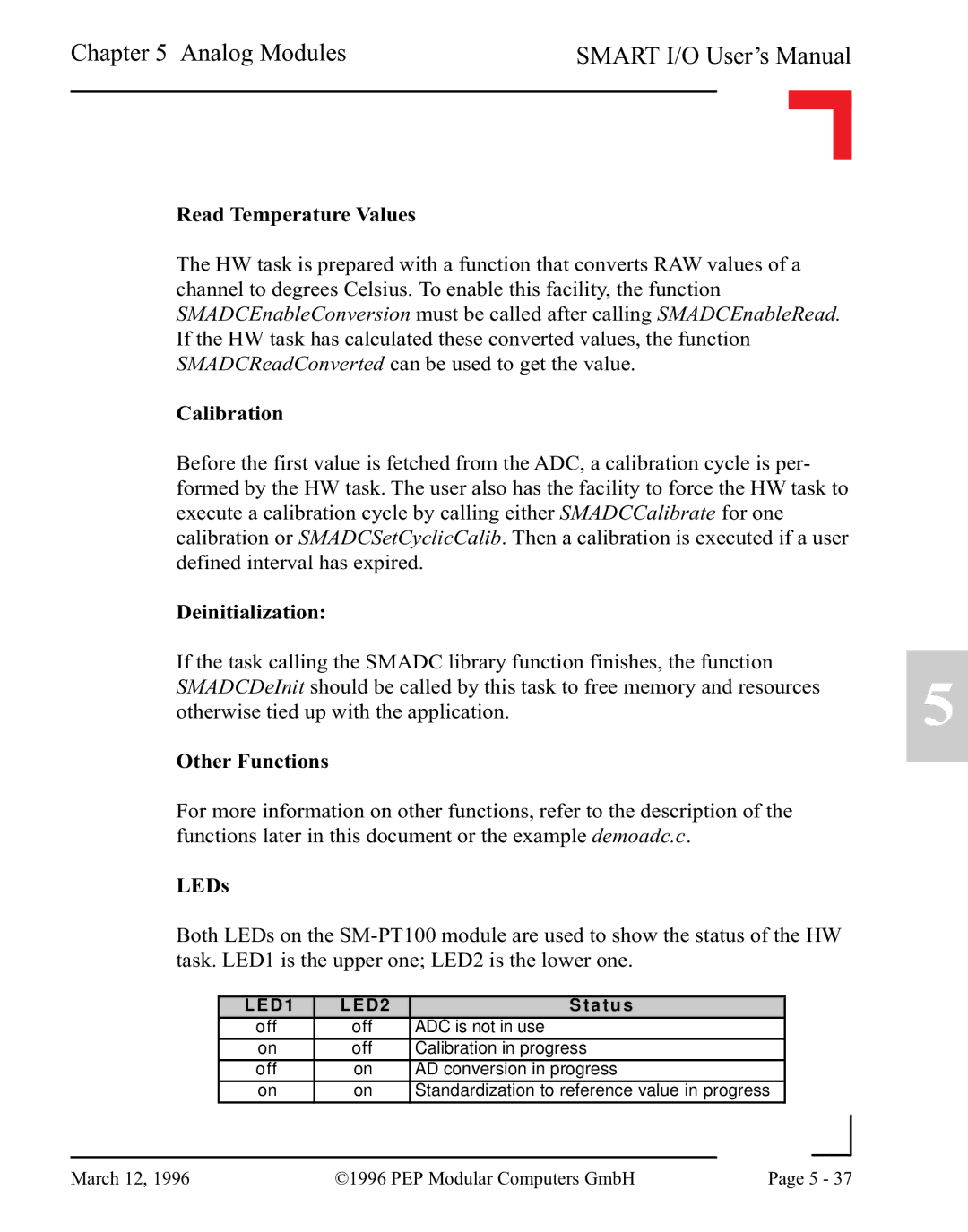 Pepper Computer RS232, RS485 user manual Read Temperature Values, Calibration, Deinitialization, Other Functions, LEDs 