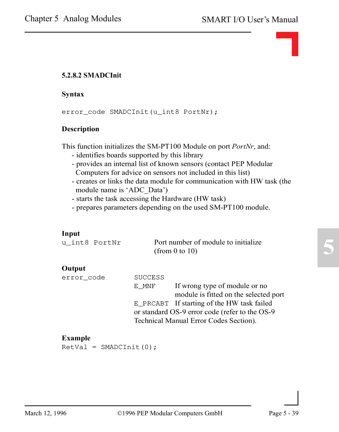 Pepper Computer RS232, RS485 user manual SMADCInit Syntax, Description 