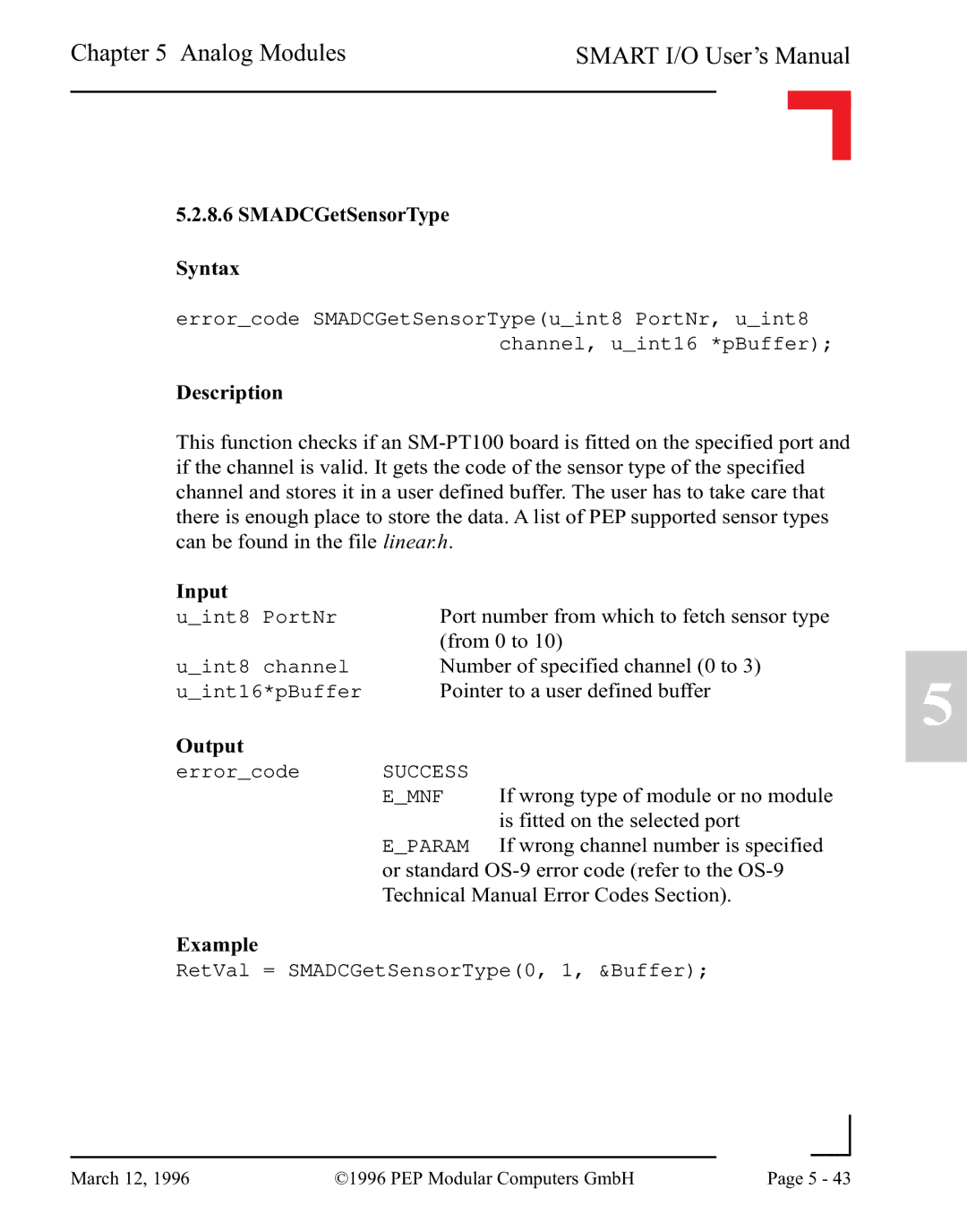 Pepper Computer RS232, RS485 user manual SMADCGetSensorType Syntax 