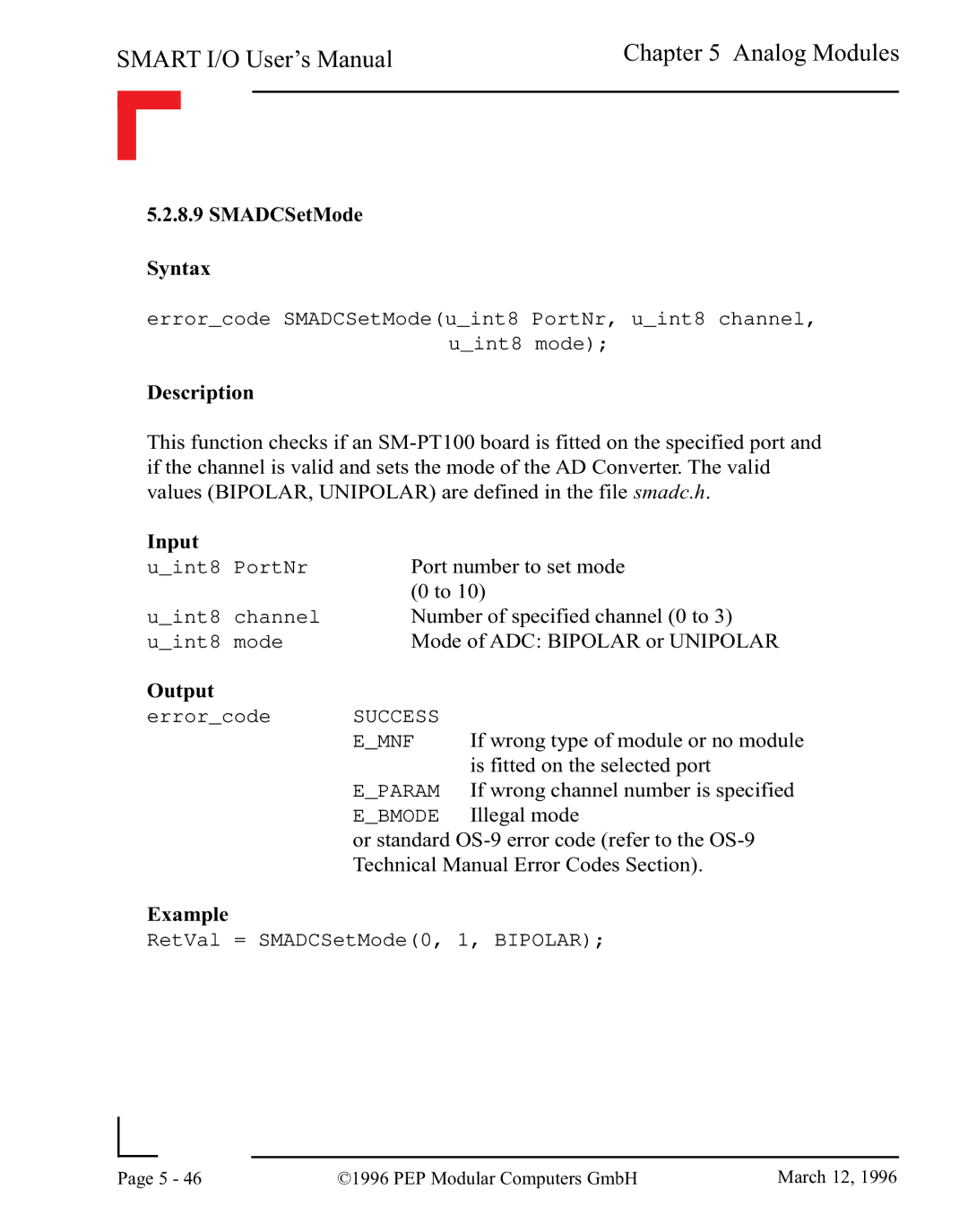 Pepper Computer RS485, RS232 user manual SMADCSetMode Syntax 