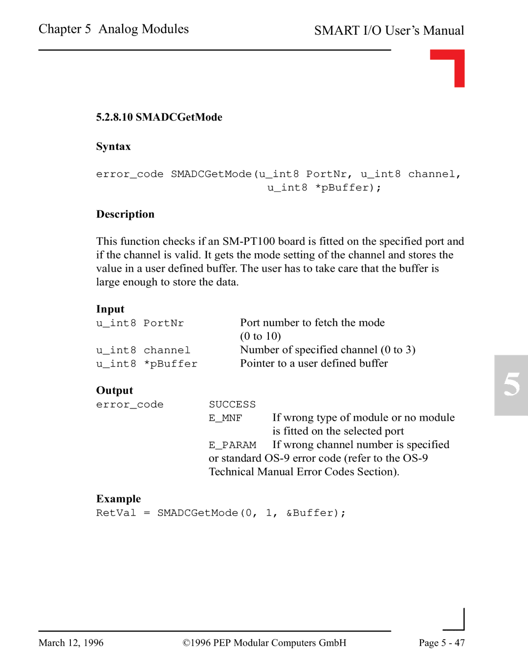 Pepper Computer RS232, RS485 user manual SMADCGetMode Syntax 